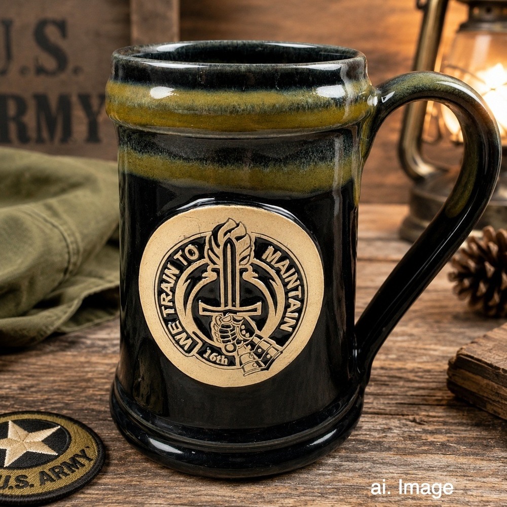 Grey Fox Pottery 16th Military Beer Stein Mug Handmade USA Veteran Tankard Army